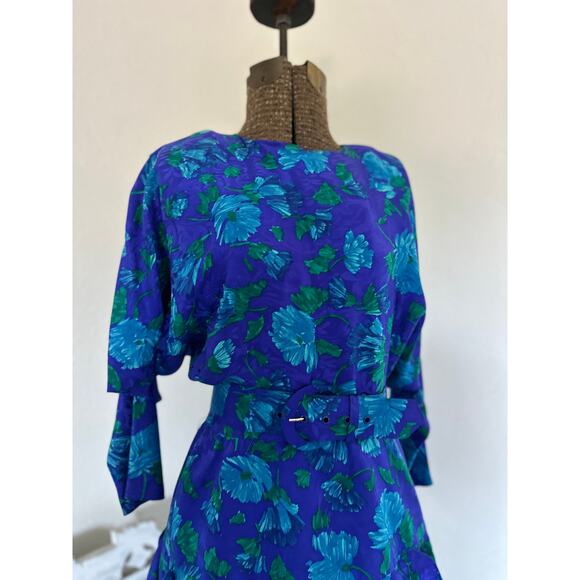 Gillian Women’s 4 Dress Purple Blue Green Silk Ruffle Floral Belted 80s Vintage - Picture 2 of 4